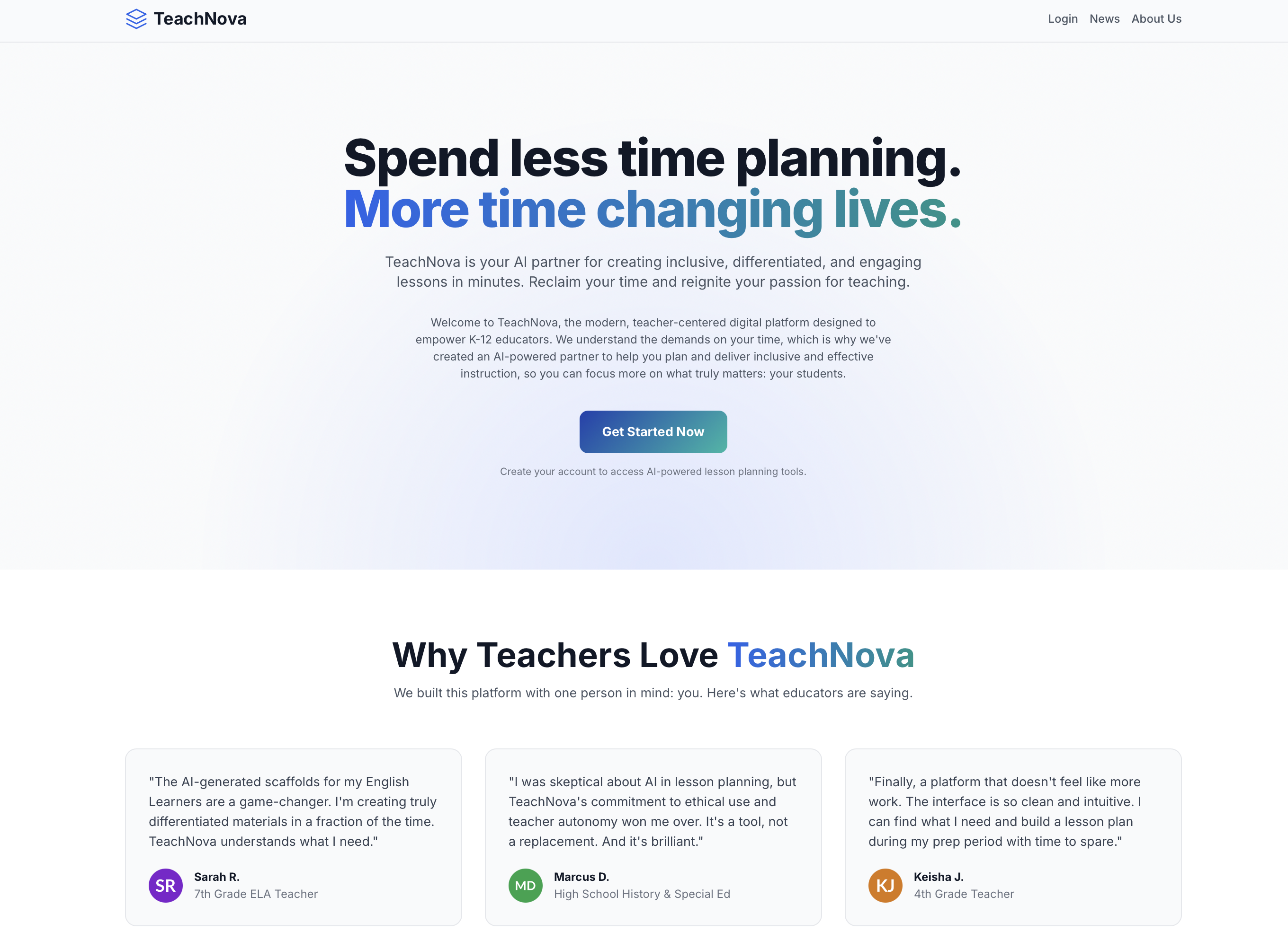 TeachNova AI Education Platform interface showing personalized learning tools for K-12 educators